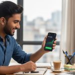 Man in blue shirt sitting at desk holding a smartphone with a financial graph, laptop open to article on daily income apps for Android in Pakistan.