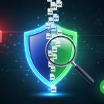 Digital shield with APK files under a magnifying glass, red lock icon on left, and green checkmark on right indicating secure app scanning.